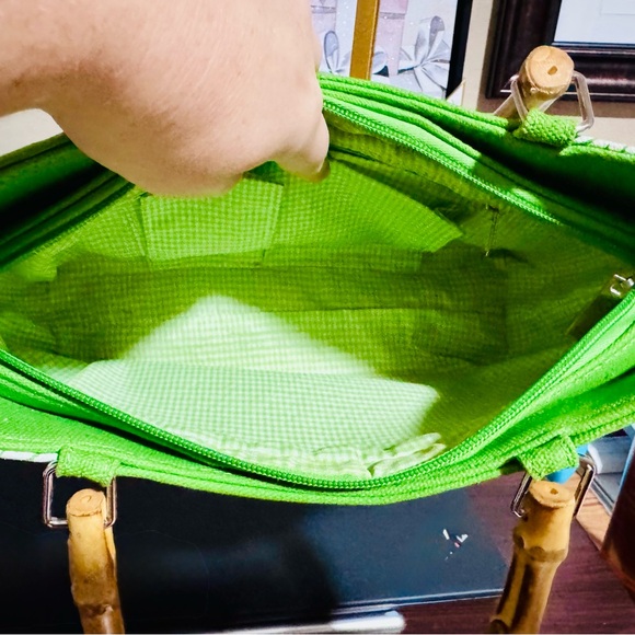Kate Spade Green and White Floral Tote w rhinestones & Bamboo Handles - EUC Rare - Picture 7 of 16